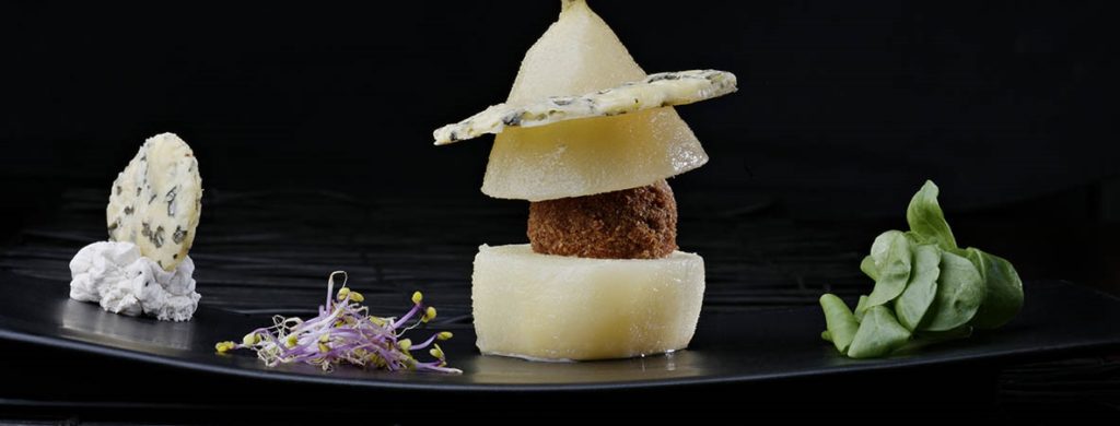 Muscadet-poached Pears with a Fourme d’Ambert Croustillant Centre