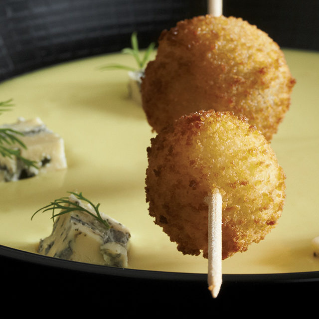 Creamed Bouchot Mussels, Fourme d’Ambert, Herring Cromesquis