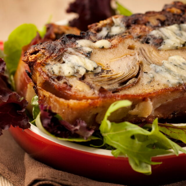 Terrine tiède à la Fourme d’Ambert, pommes, artichauts et jambon de Pays